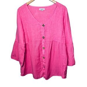Splendid Iris Tunic Blouse Pink Linen Bell Sleeve Button Beachy Coastal S/M
